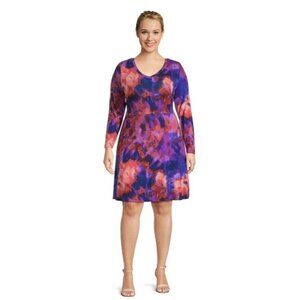 Terra & Sky Swing Dress Long Sleeve Purple Pink Stretch Womens Plus Size